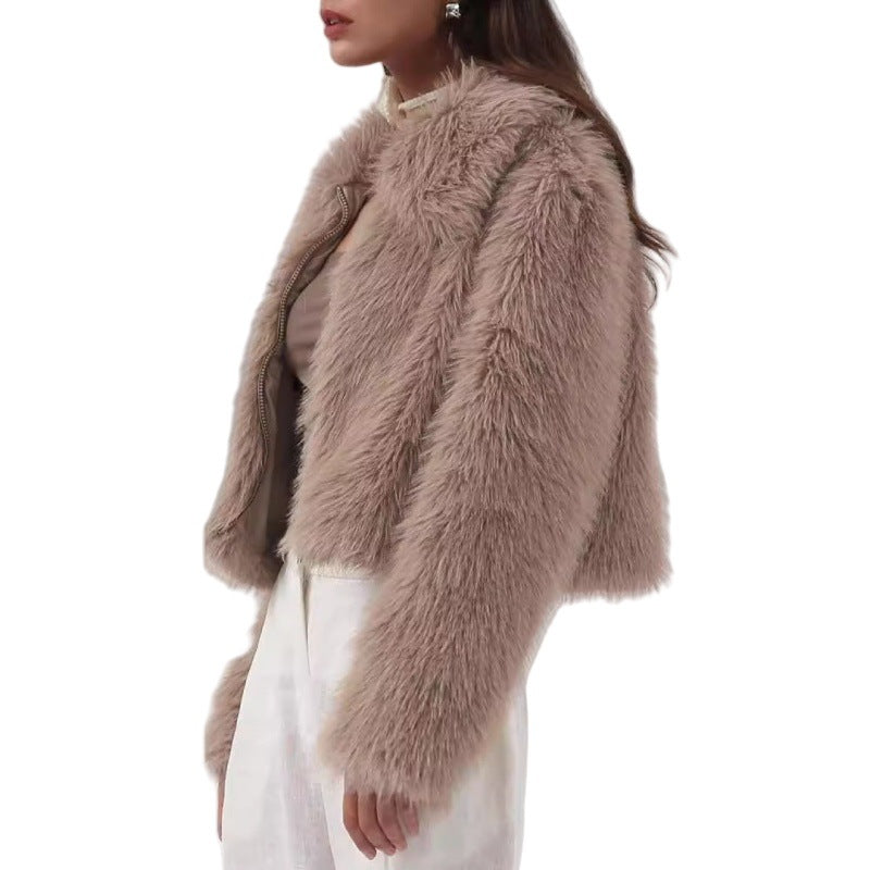 Women's Short Shaggy Faux Fur Blouson with Dense High Pile and Boxy Cropped Fit Fashion Glam