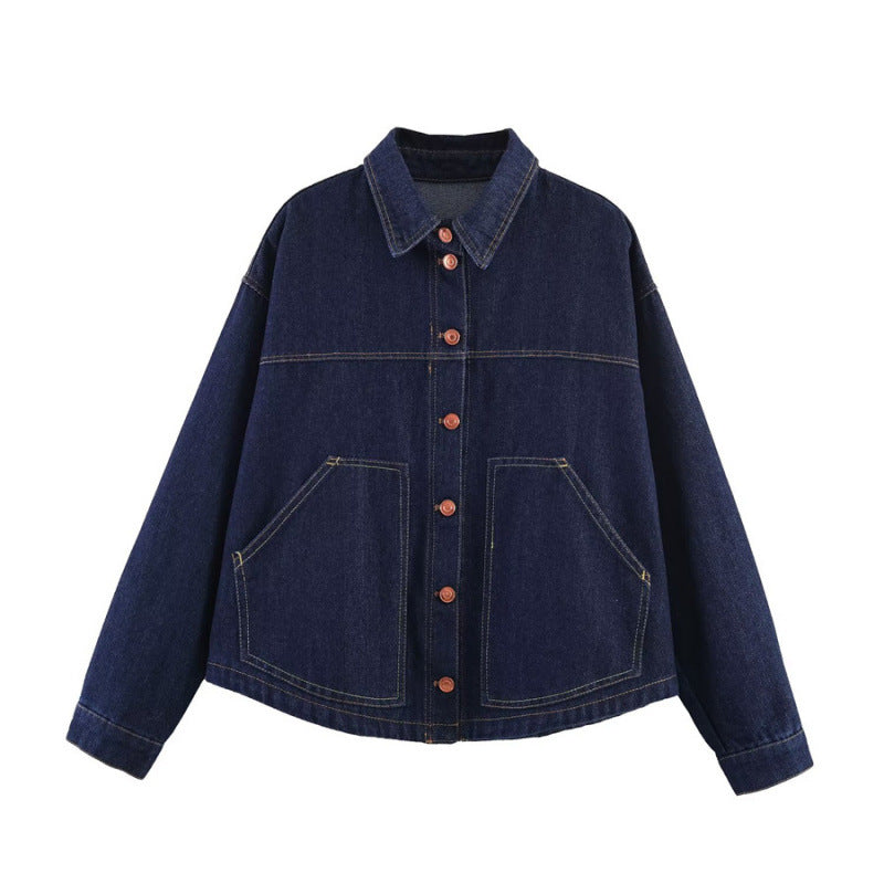 Women's Oversized Denim Jacket with Boxy Cropped Cut, Patch Pockets and Contrast Stitching Fashion Glam