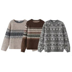 Women Oversize Mohair-Mix Sweater with Round Neck and Fair Isle Pattern Fashion Glam