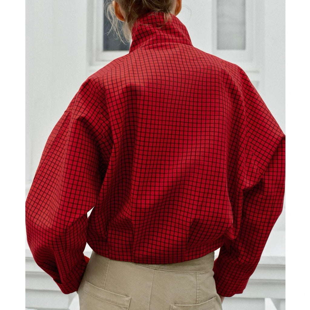 Women's short-cut boxy blouson with stand-up collar, check pattern and zipper Fashion Glam