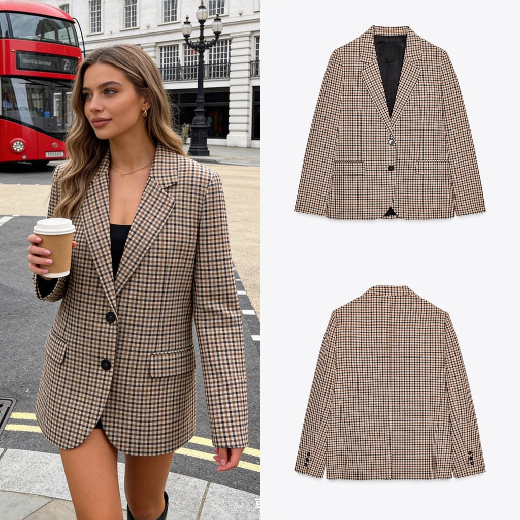 Women's Check Blazer in Modern Tailoring with Notch Lapel, Two-Button Closure and Lined Flap Pockets Fashion Glam
