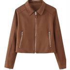Women's Cropped Suede Jacket with Shirt Collar, Full Metal Zipper and Zipper Pockets Fashion Glam