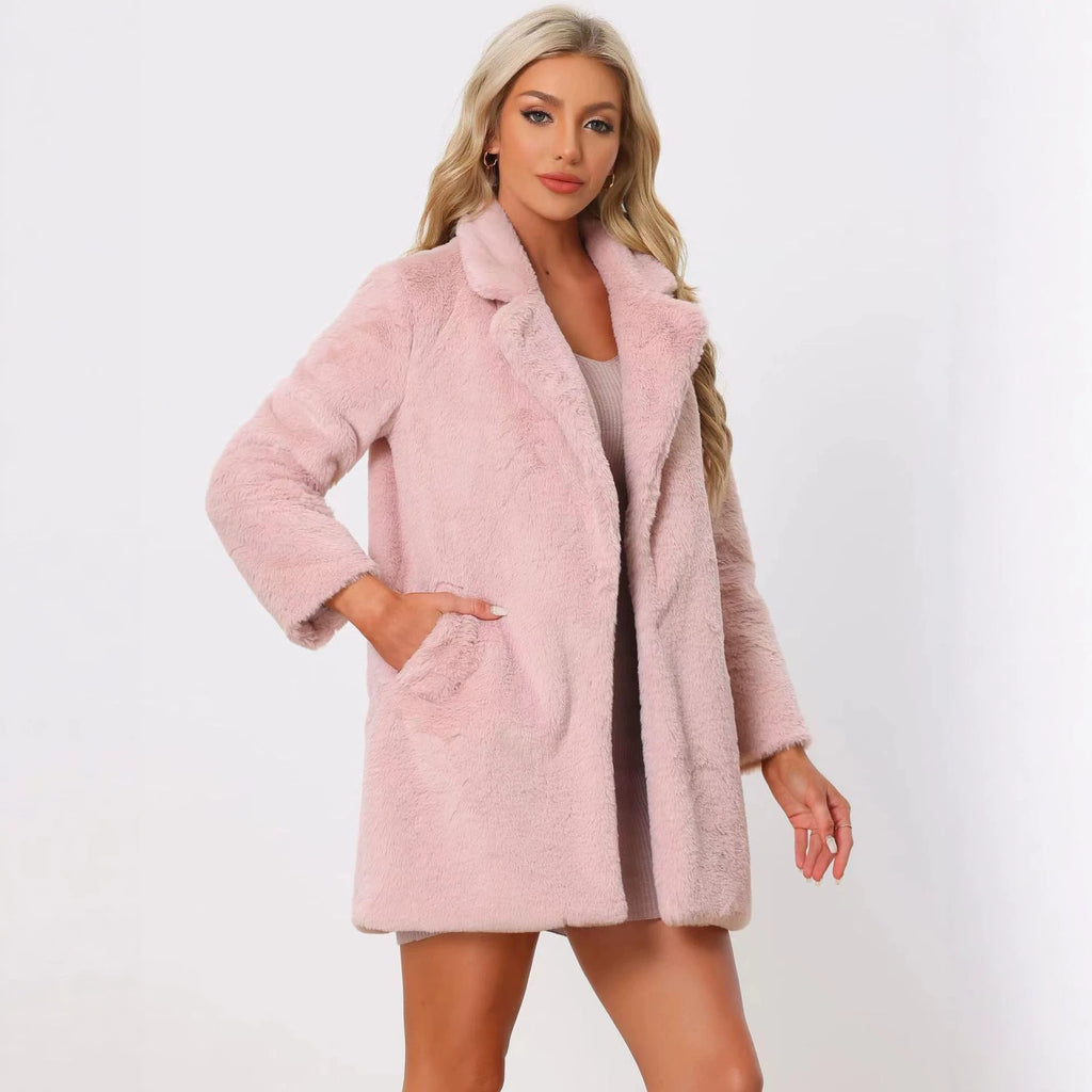 Ladies Mid-length Faux Fur Coat with Soft Shawl Collar and Pocket Chicicherry