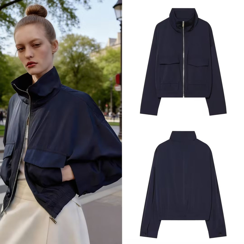 Women's Short Bomber Jacket with Stand-Up Collar, Zipper and Chest Flap Pockets Fashion Glam