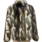 Ladies short cut boxy faux fur jacket with contrasting spot pattern and stand collar Fashion Glam