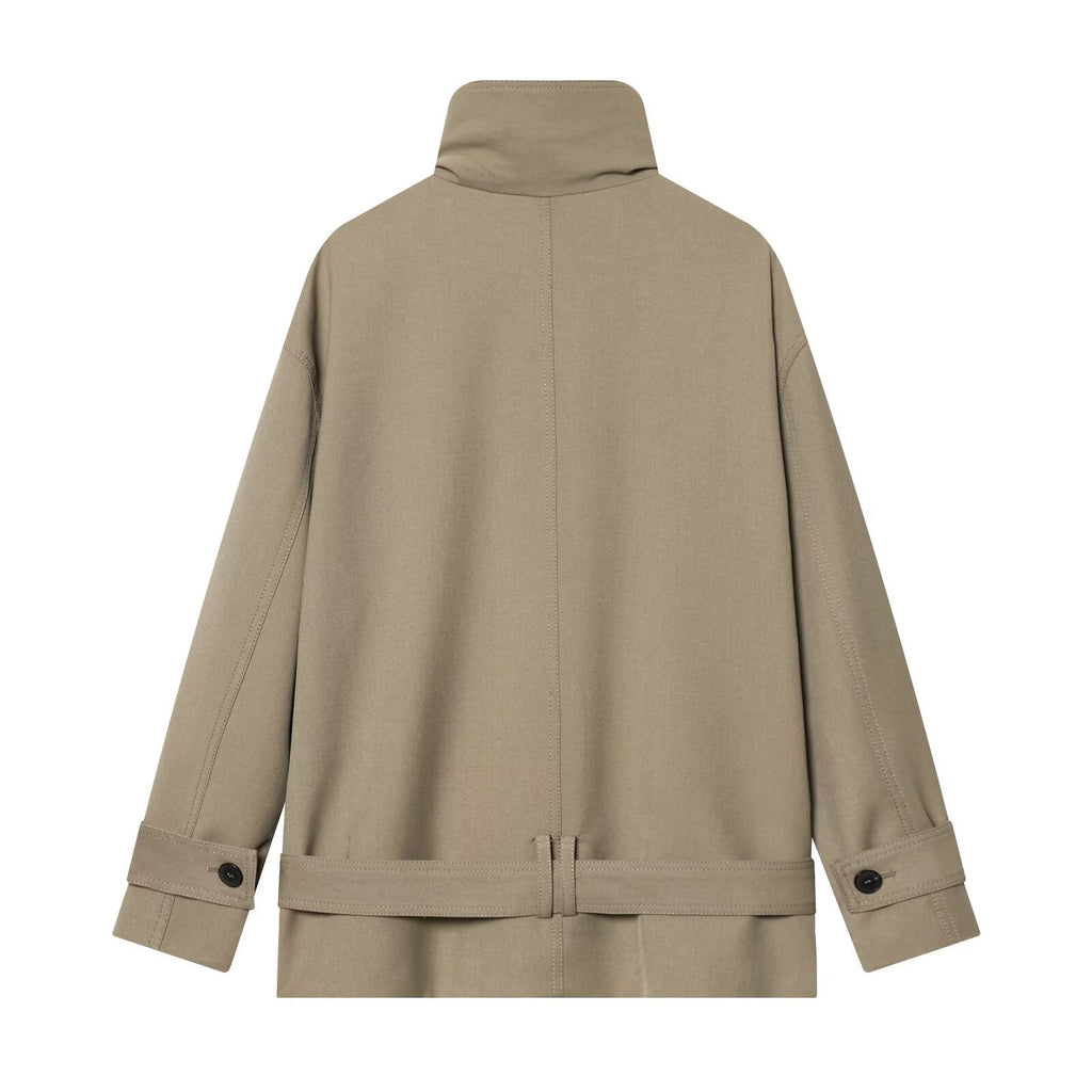 Women's short trench coat with double-breasted button placket, waist belt, and high standing collar Fashion Glam