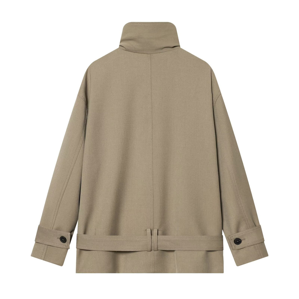 Women's short trench coat with double-breasted button placket, waist belt, and high standing collar Fashion Glam