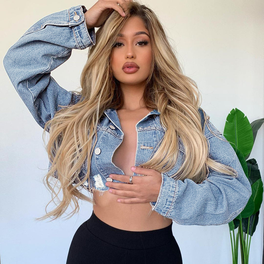 Women Short-Cut Cropped Denim Jacket with Raw Edge and Oversize Sleeves Fashion Glam