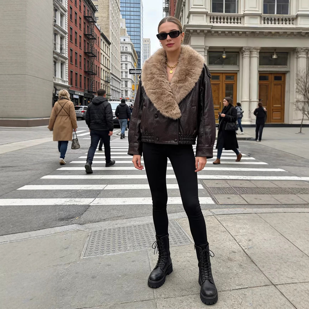 Women's Cropped Leather Jacket with voluminous Fur Collar and Waist Smock Fashion Glam