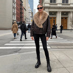 Women's Cropped Leather Jacket with voluminous Fur Collar and Waist Smock Fashion Glam