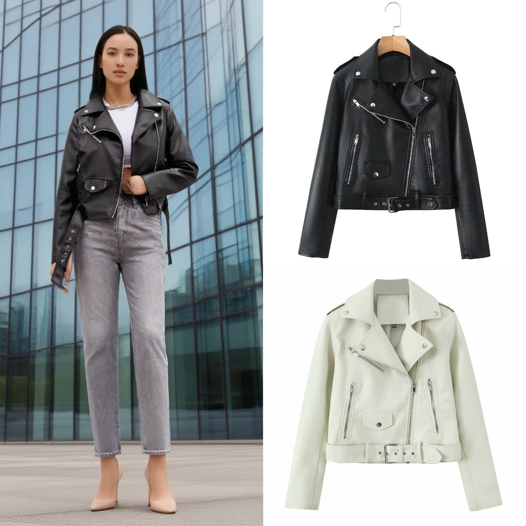 Women's robust fitted biker jacket made of faux leather with asymmetrical zipper and waist belt Fashion Glam