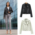 Women's robust fitted biker jacket made of faux leather with asymmetrical zipper and waist belt Fashion Glam