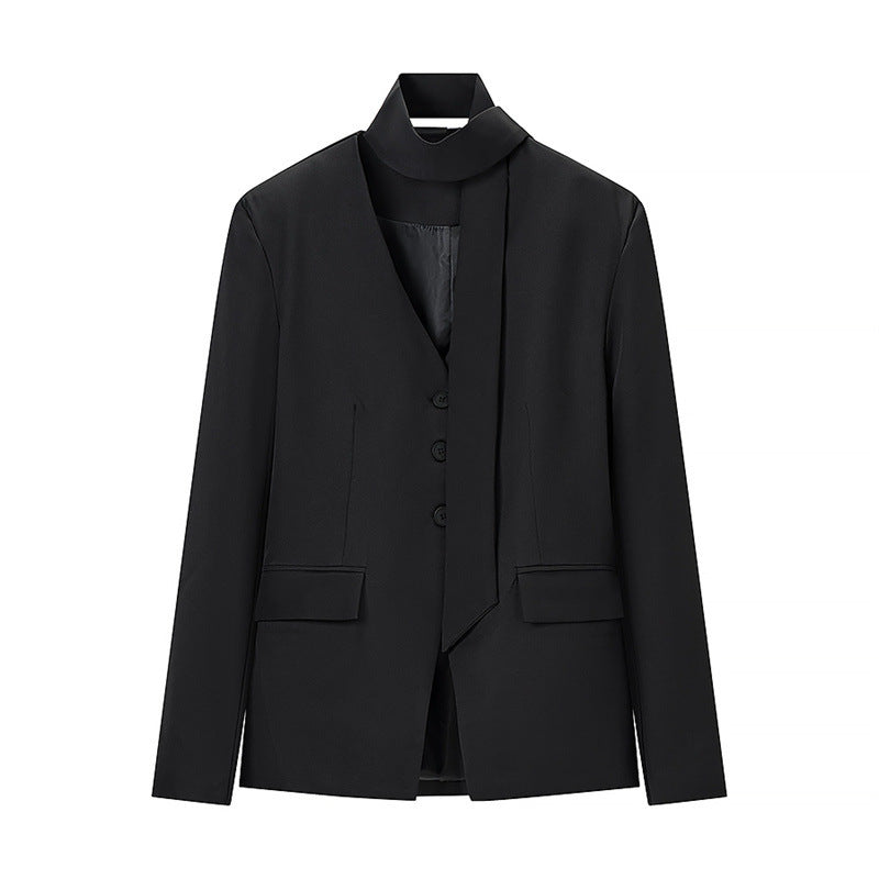 Women's Tailored Blazer with Bow, V-Neck and Flap Pockets Fashion Glam