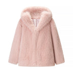 Women's short coat made of fluffy synthetic fur with voluminous shawl collar and boxy oversized silhouette Fashion Glam