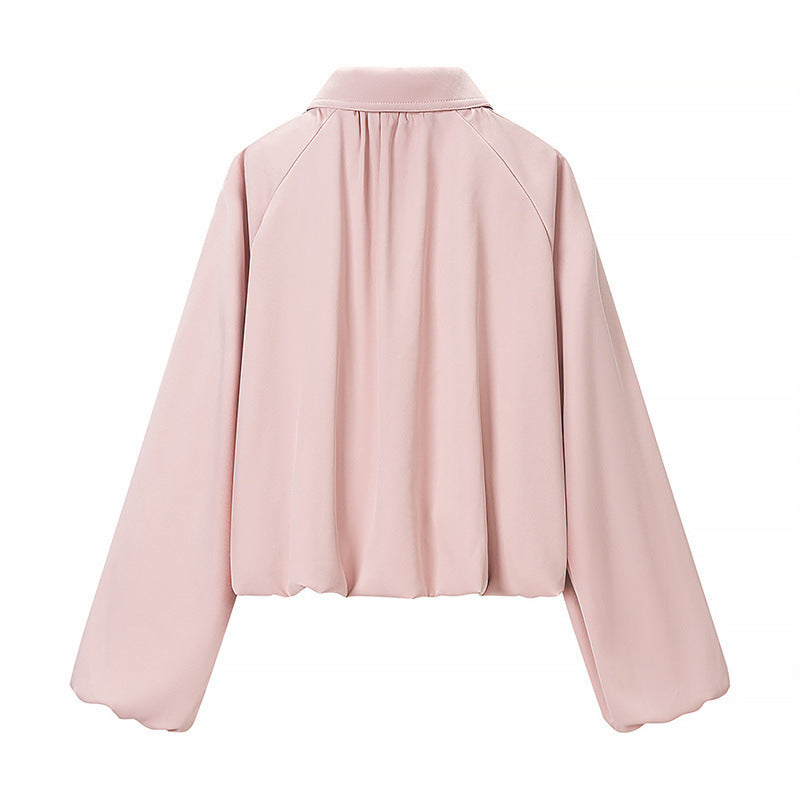 Women Cropped Jacket with Draped Front, Zipper and Balloon Sleeves Fashion Glam