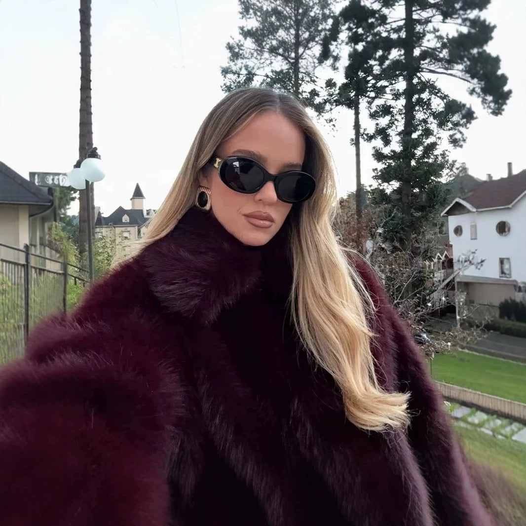 Women's Cropped Faux Fur Boxy Jacket with High Stand-Up Collar and Extra Soft Long Pile Fashion Glam