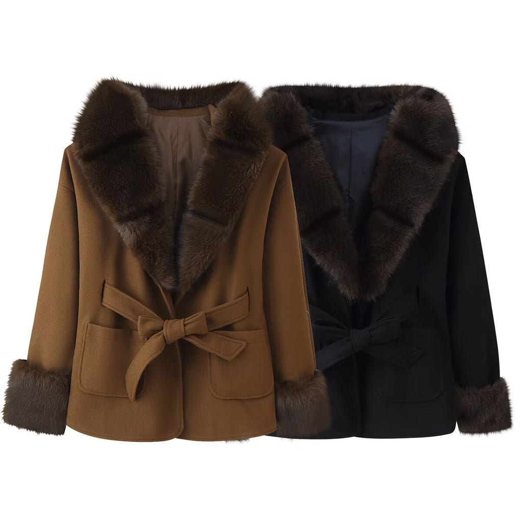 Women's Short Wool Blend Coat with Faux Fur Collar, Waist Belt and Patch Pockets Fashion Glam