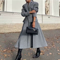 Women's Two-Piece Tailored Wool Suit with Textured Shoulder Blazer and Pleated Midi Skirt Fashion Glam