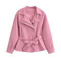 Women's short jacket with belted waist, asymmetrical lapel, and peplum hem Fashion Glam