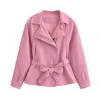 Women's short jacket with belted waist, asymmetrical lapel, and peplum hem Fashion Glam