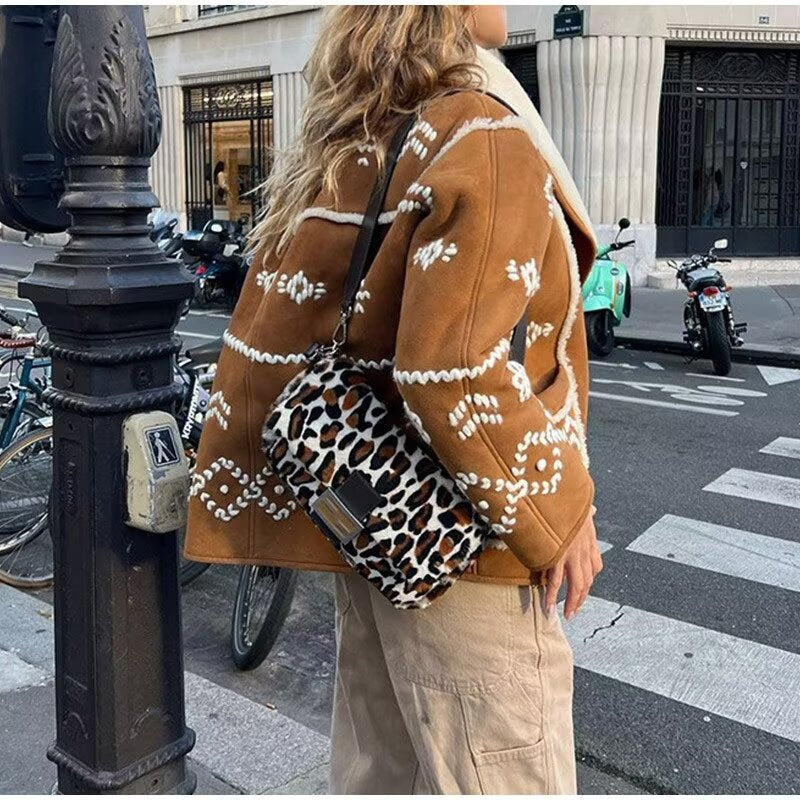 Ladies short cut lamb fur imitation jacket with large shawl collar and ornamental embroidery Fashion Glam