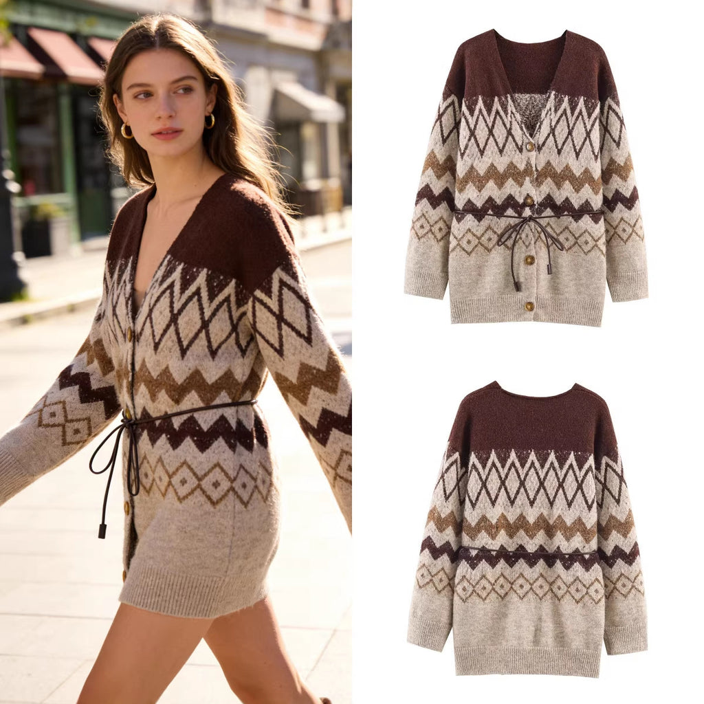 Women's Patterned Knit Cardigan with V-Neck, Button Placket and Waistband Fashion Glam