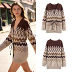 Women's Patterned Knit Cardigan with V-Neck, Button Placket and Waistband Fashion Glam