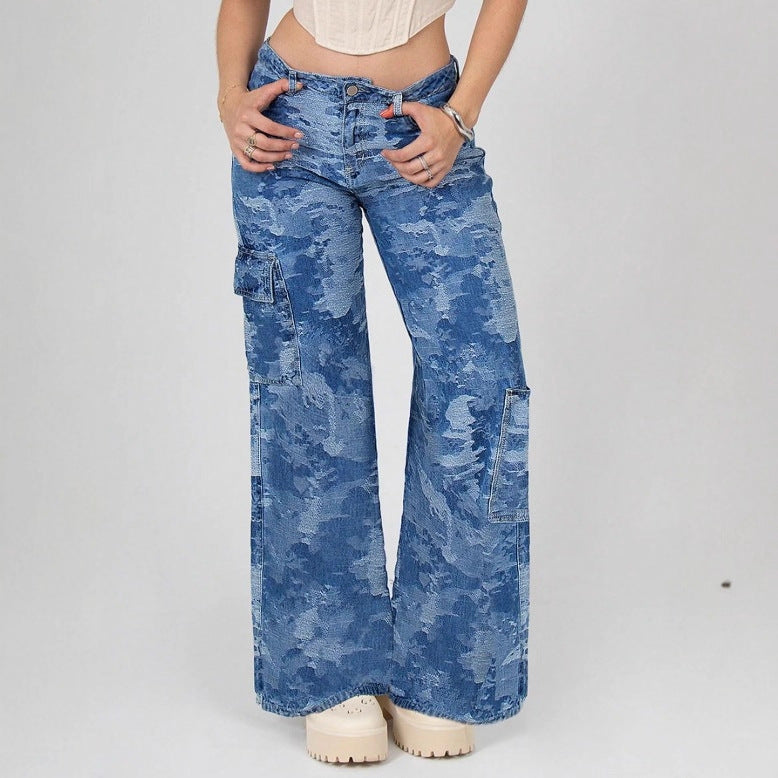 Women’s High-Waisted Palazzo Cargo Jeans made of Camouflage Denim with Patch Pockets Fashion Glam