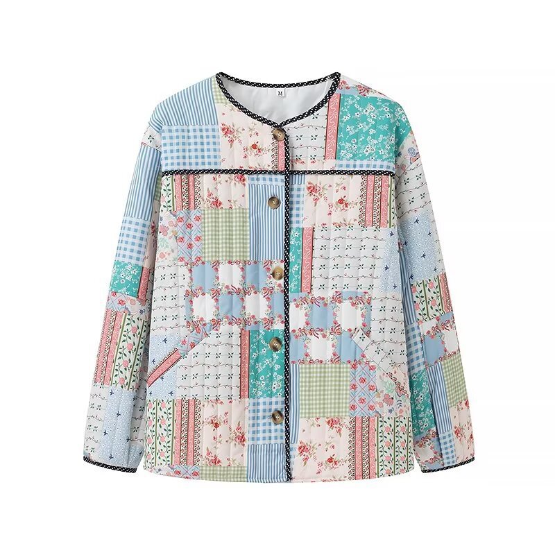 Women's Quilted Patchwork Jacket in Cottage Style with Round Neckline and Contrasting Piping Fashion Glam