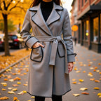 Women's Tailored Wool Blend Long Coat with Belt and Contrasting Zigzag Trim Fashion Glam
