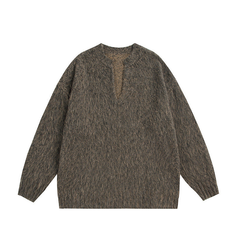 Unisex Oversize Fleece Sweater with V-Slit Collar and Boucle Look Fashion Glam