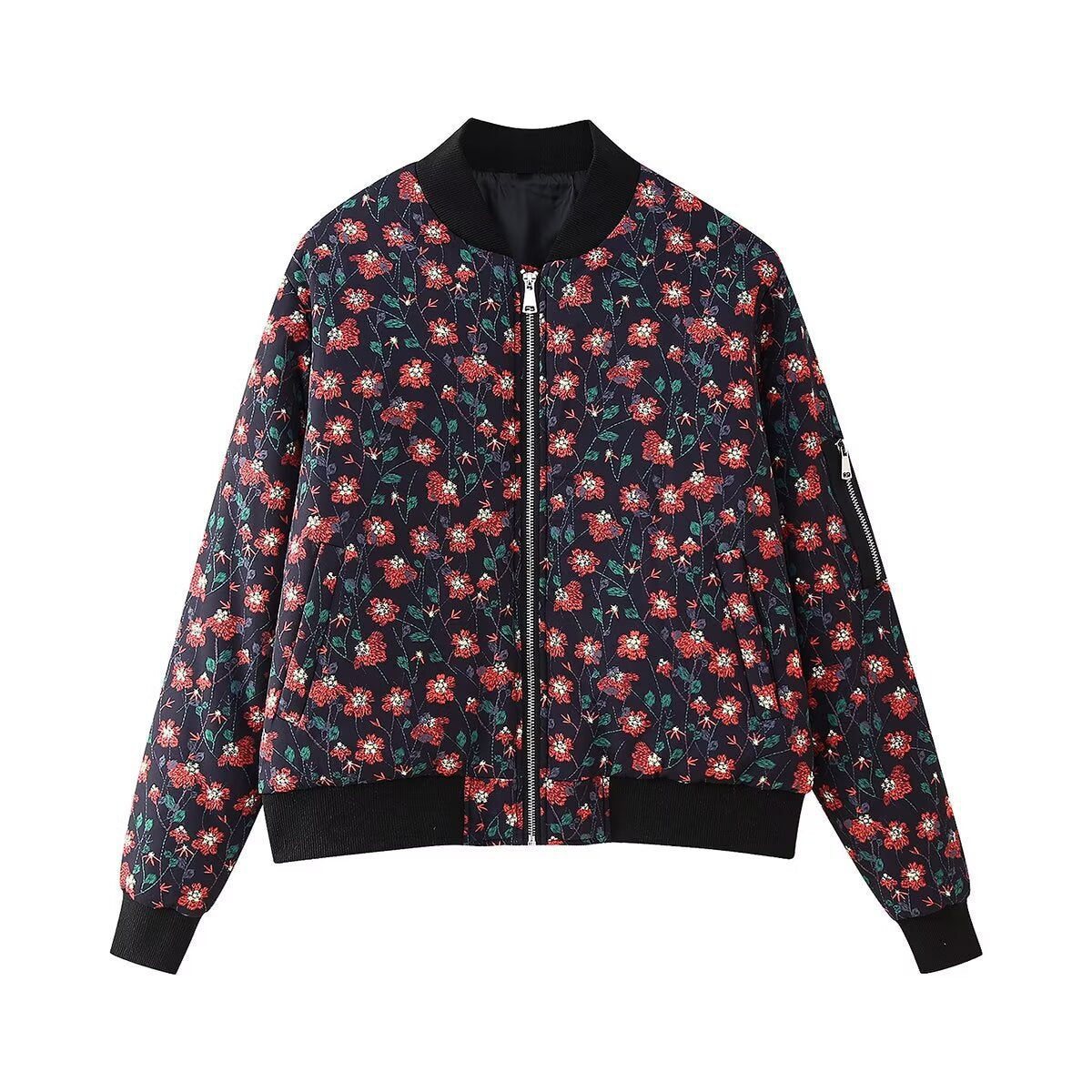 Women's lightly padded quilted bomber jacket with floral all-over print and ribbed cuffs Fashion Glam