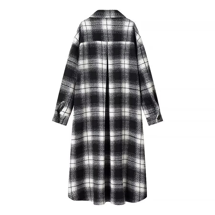 Women Checked Longline Shirt Coat made of Wool Blend with Oversized Silhouette and Flap Pockets Fashion Glam