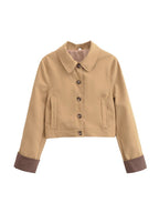 Women's Cropped Utility Jacket with Shirt Collar, Contrasting Turn-Up Cuffs and Continuous Button Placket Fashion Glam