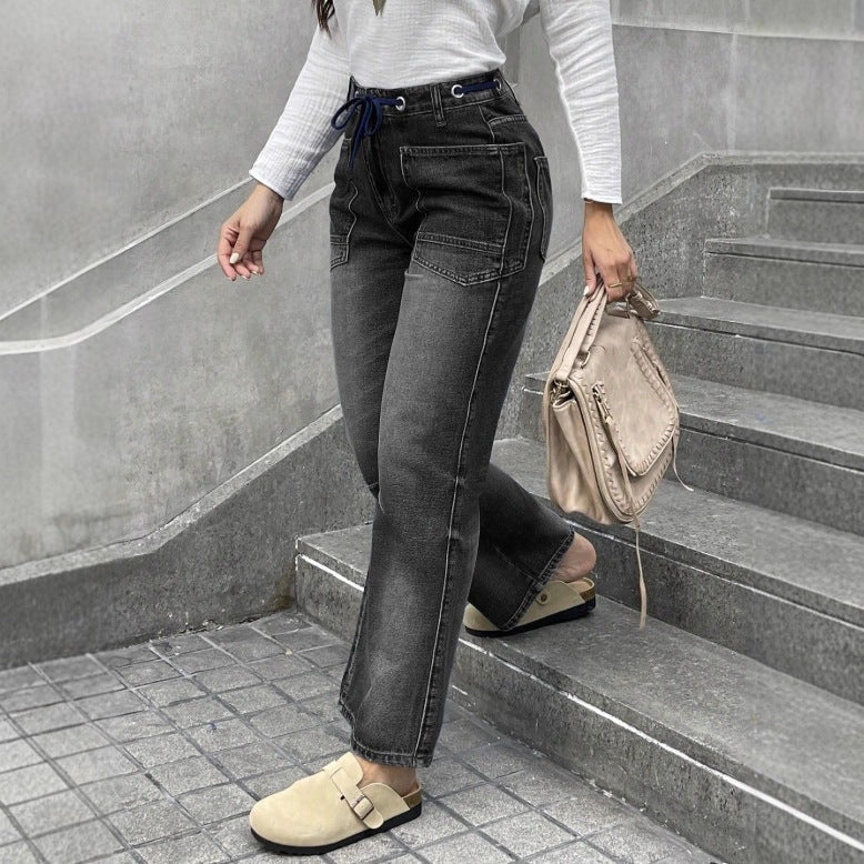 Women's high-waisted jeans with straight leg, drawstring waistband, and patch pockets Fashion Glam