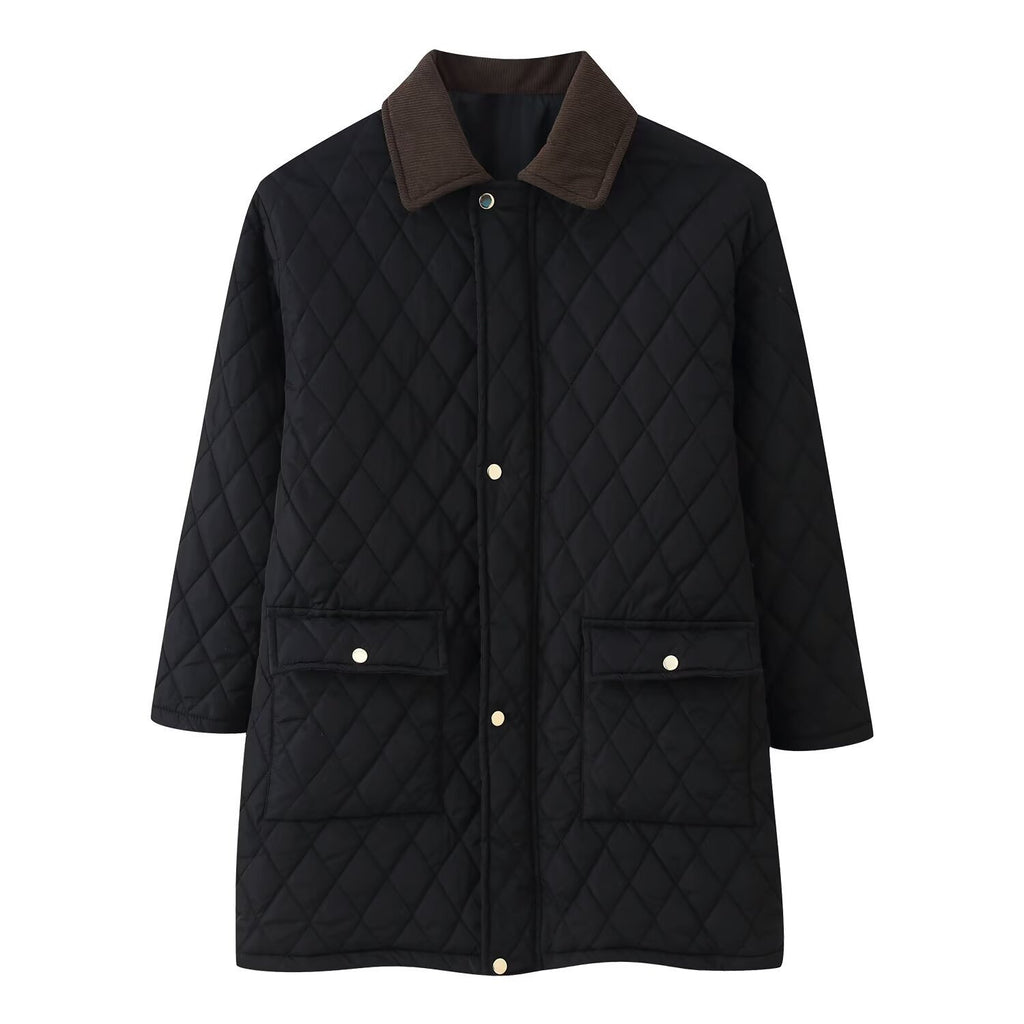 Women’s quilted coat with cord collar, checkered quilting and patch pockets Fashion Glam