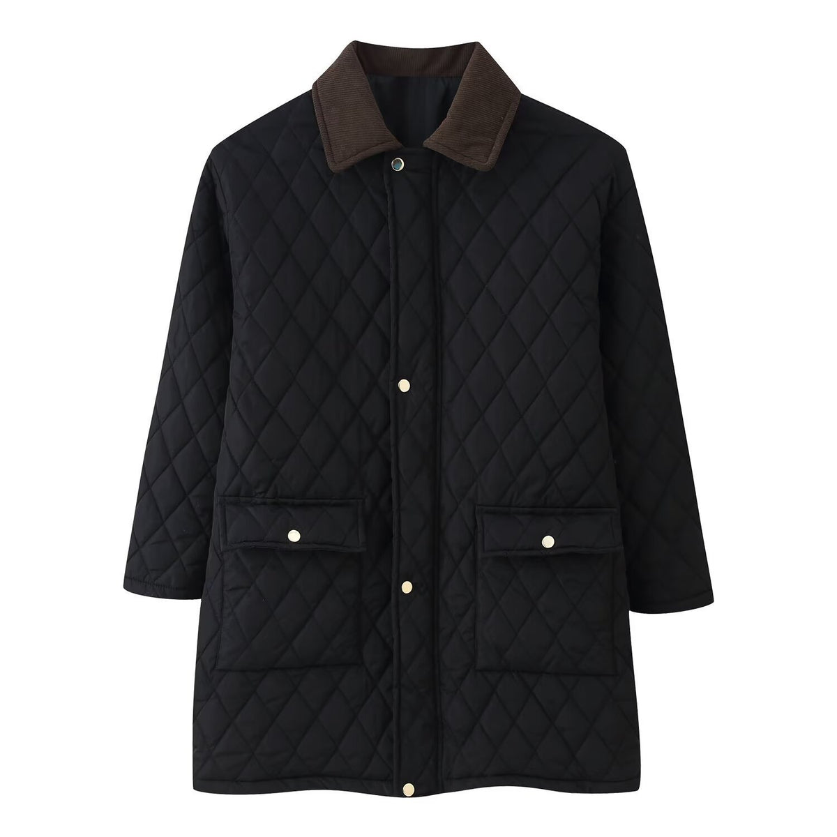 Women’s quilted coat with cord collar, checkered quilting and patch pockets Fashion Glam