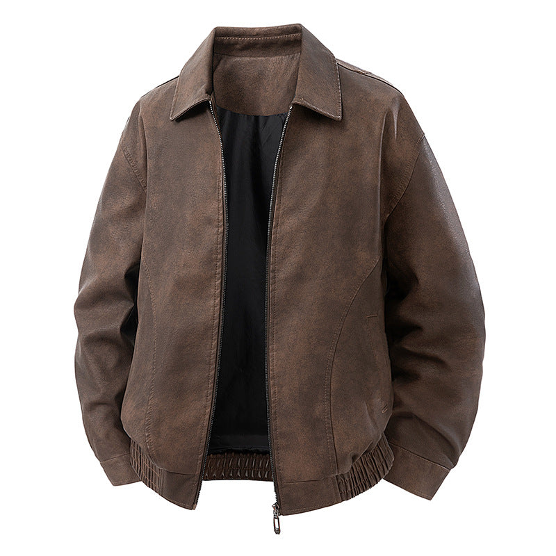 Men's leather bomber jacket with zipper and elastic hem Fashion Glam