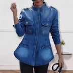 Women tailored denim jacket with stand-up collar, four flap pockets and slightly flared hem Fashion Glam