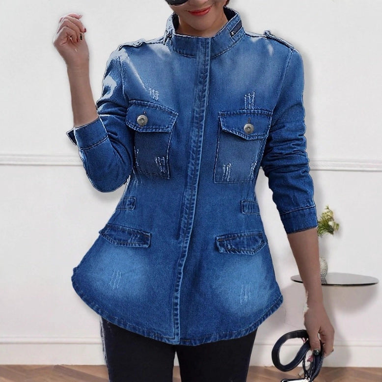 Women tailored denim jacket with stand-up collar, four flap pockets and slightly flared hem Fashion Glam
