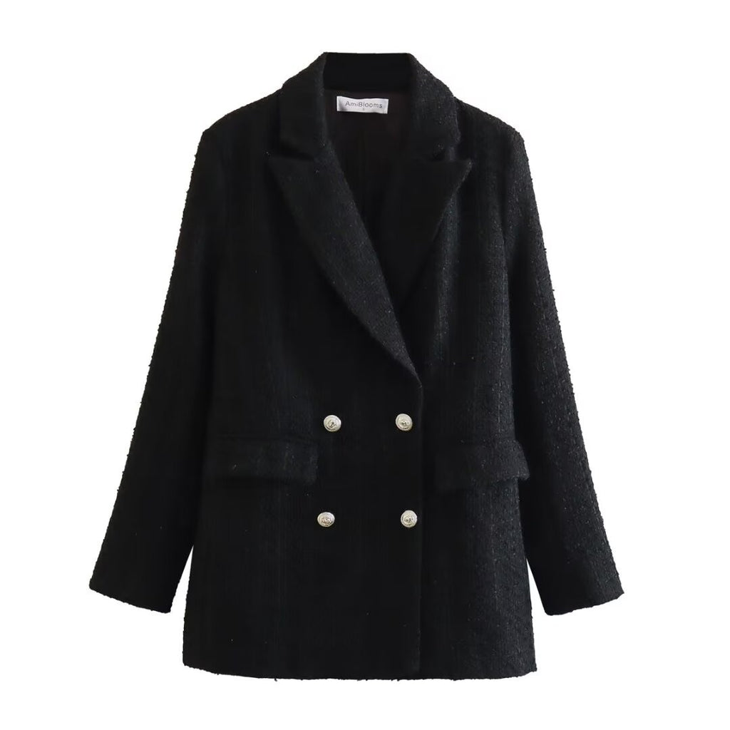 Women's Double-Breasted Boucle Tweed Blazer with Shawl Collar and Flap Pockets Fashion Glam