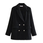 Women's Double-Breasted Boucle Tweed Blazer with Shawl Collar and Flap Pockets Fashion Glam