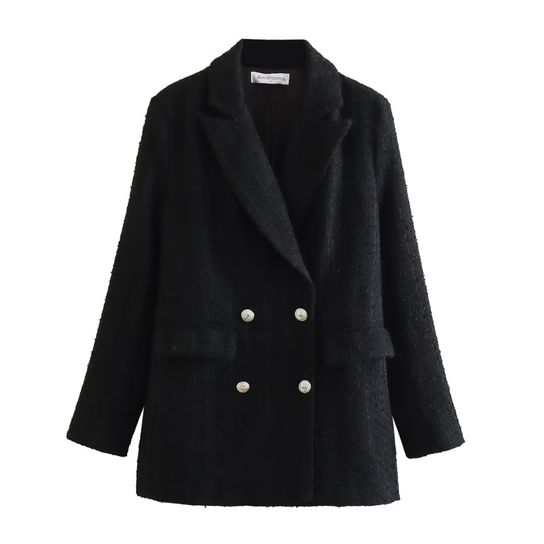 Women's Double-Breasted Boucle Tweed Blazer with Shawl Collar and Flap Pockets Fashion Glam