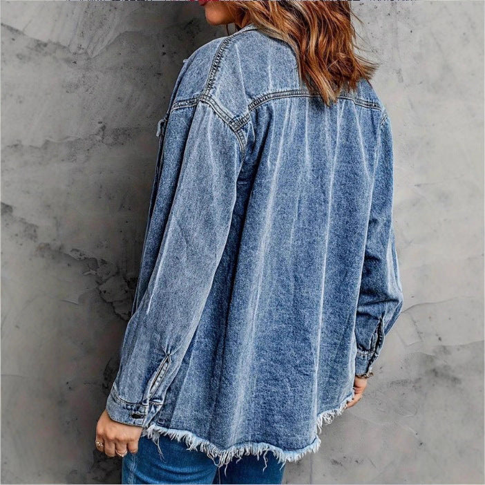 Women's Oversized Denim Jacket with Flap Pockets, Used Look and Raw Hem Fashion Glam