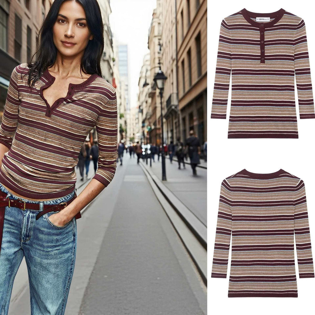 Women's ribbed long sleeve with Henley button placket and fine stripe pattern Fashion Glam
