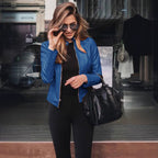 Ladies fitted faux leather biker jacket with stand-up collar and decorative seams Fashion Glam