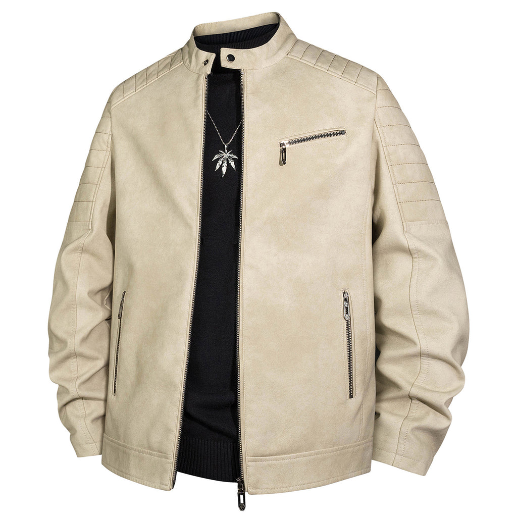 Men's biker jacket made of faux leather with stand-up collar and quilted shoulder Fashion Glam
