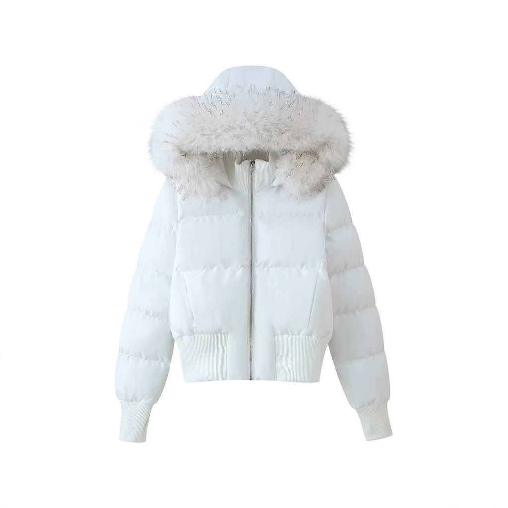 Women's Padded Cropped Bomber Jacket with Hood and Removable Faux Fur Trim Fashion Glam