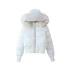 Women's Padded Cropped Bomber Jacket with Hood and Removable Faux Fur Trim Fashion Glam