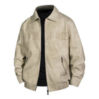 Men's Suede Look Bomber Jacket with Applied Logo and Zipper Fashion Glam